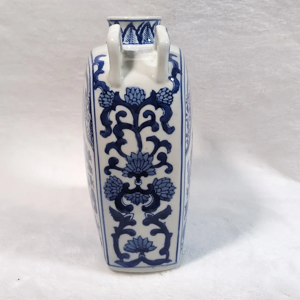 Vtg Chinese Moon Flask Vase Blue White 4 Handle Phoenix Peony Floral Chinoiserie